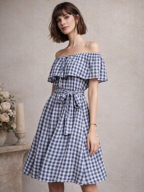 Anthropologie Dress Blue  white Summer Check Cottagecore Small